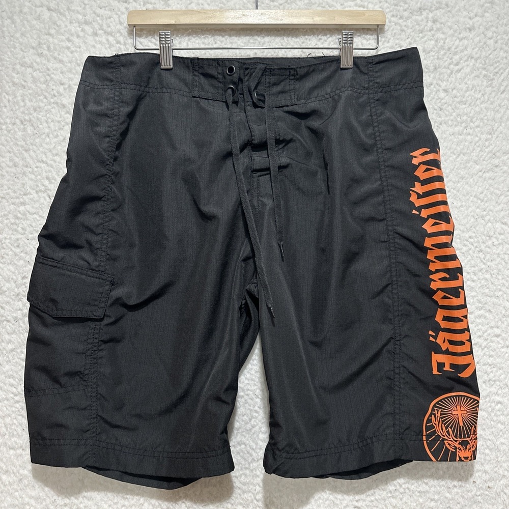 Jagermeister Black Board Shorts Men's Size XL Orange Logo Pockets Drawstring‎